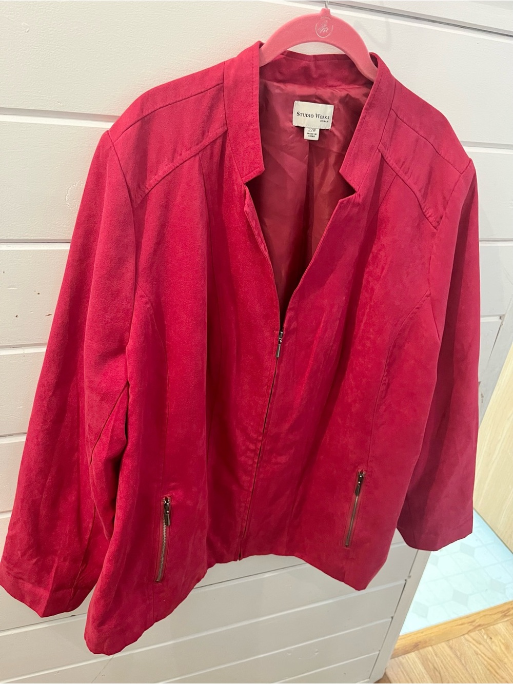 Studio Works Woman Faux Suede Zip Front Blazer Jacket Pink Plus Size 22W